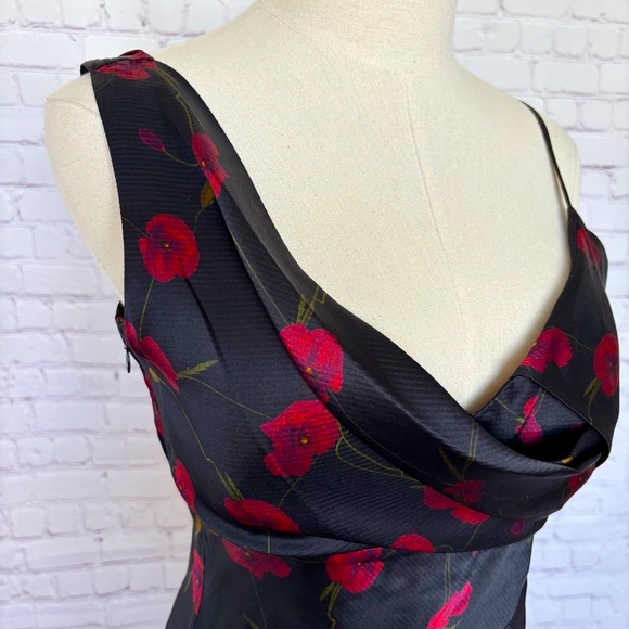 NICHOLAS Finley Silk Asymmetrical Draped Black Poppy Floral Midi Dress--4 - Picture 5 of 16
